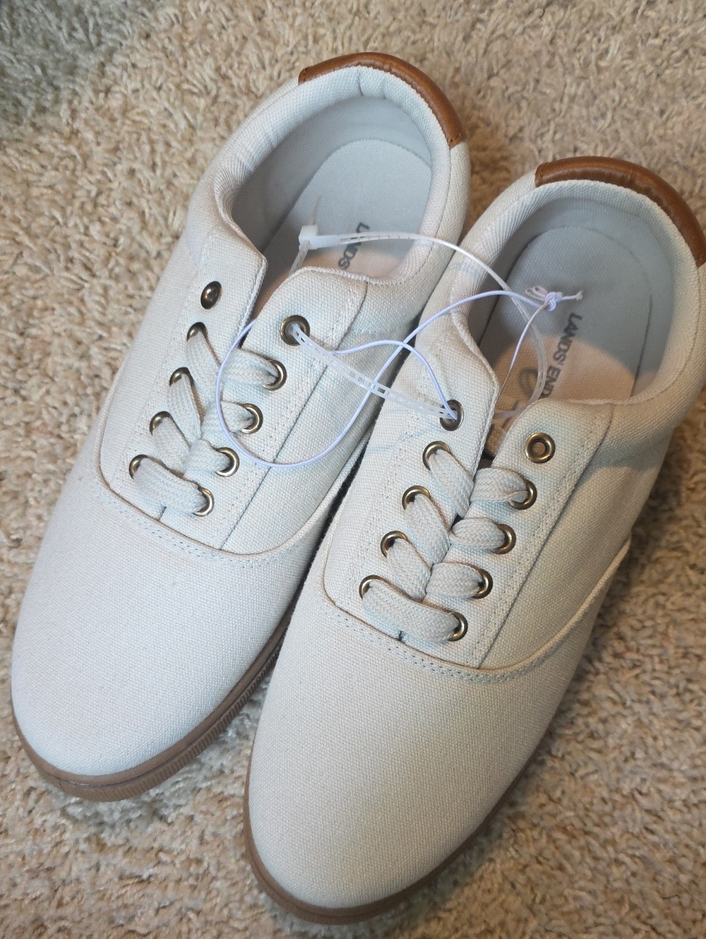 Lands' End Cream Canvas Sneakers with Brown Heel Trim